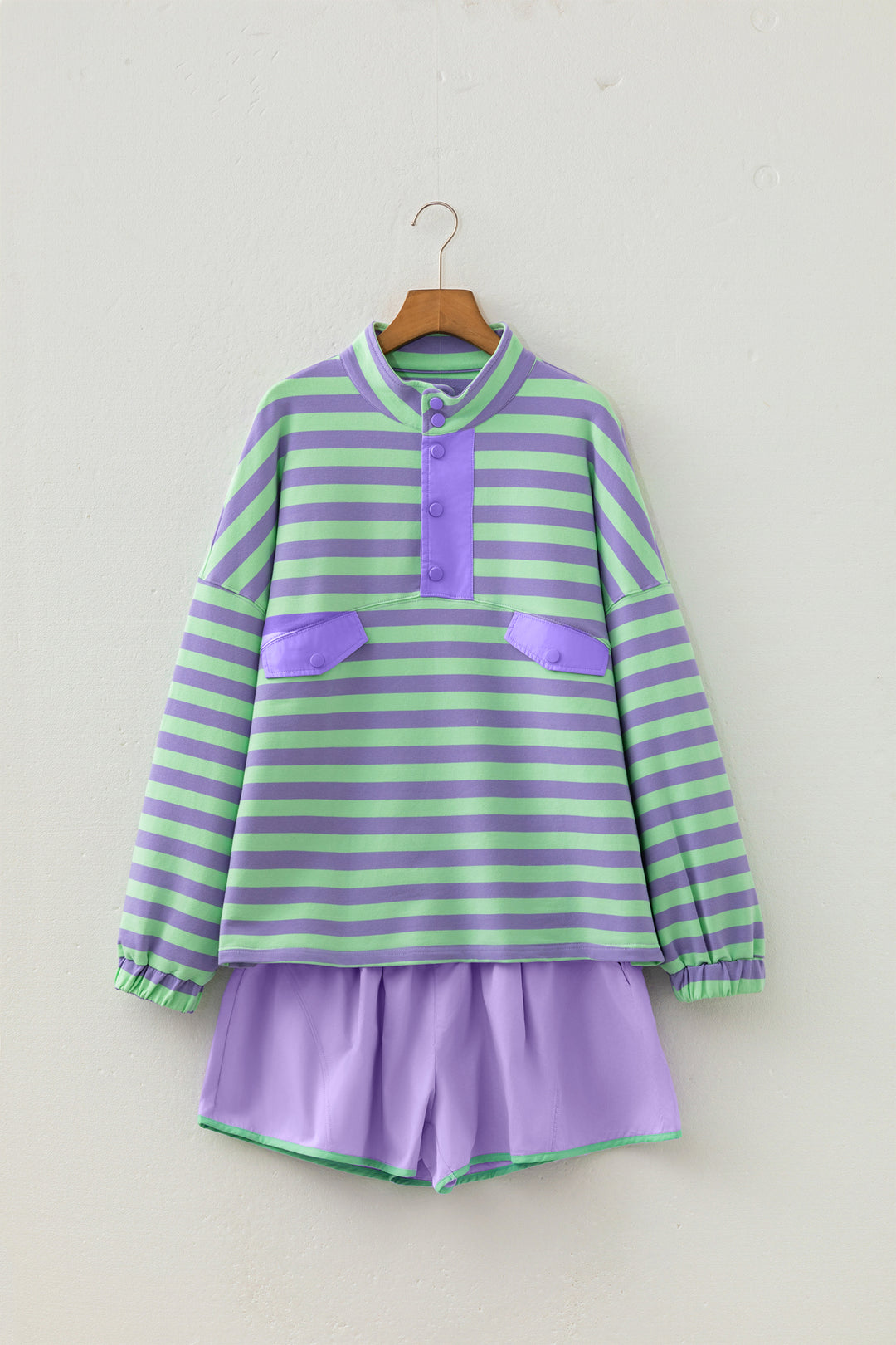 Purple Stripe Half Button Long Sleeve Top Mix and Match Shorts 2pcs Set