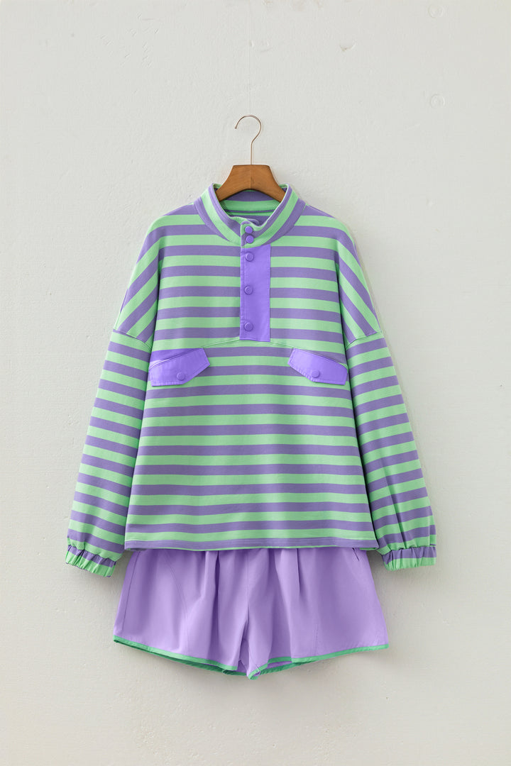 Purple Stripe Half Button Long Sleeve Top Mix and Match Shorts 2pcs Set