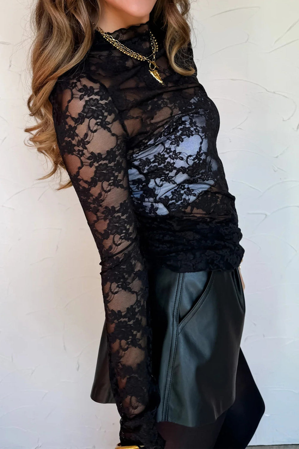 Black Sheer Floral Lace Lettuce Trim Mock Neck Long Sleeve Top