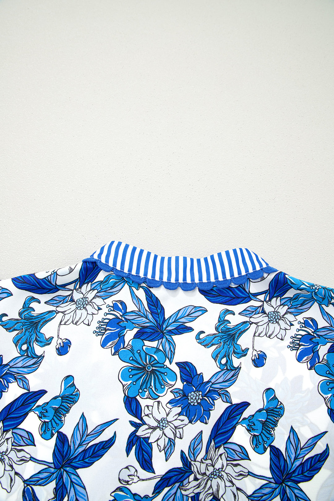 Sky Blue Floral Print Striped Patchwork Long Flounce Sleeve Ricrac Trim V Neck Blouse