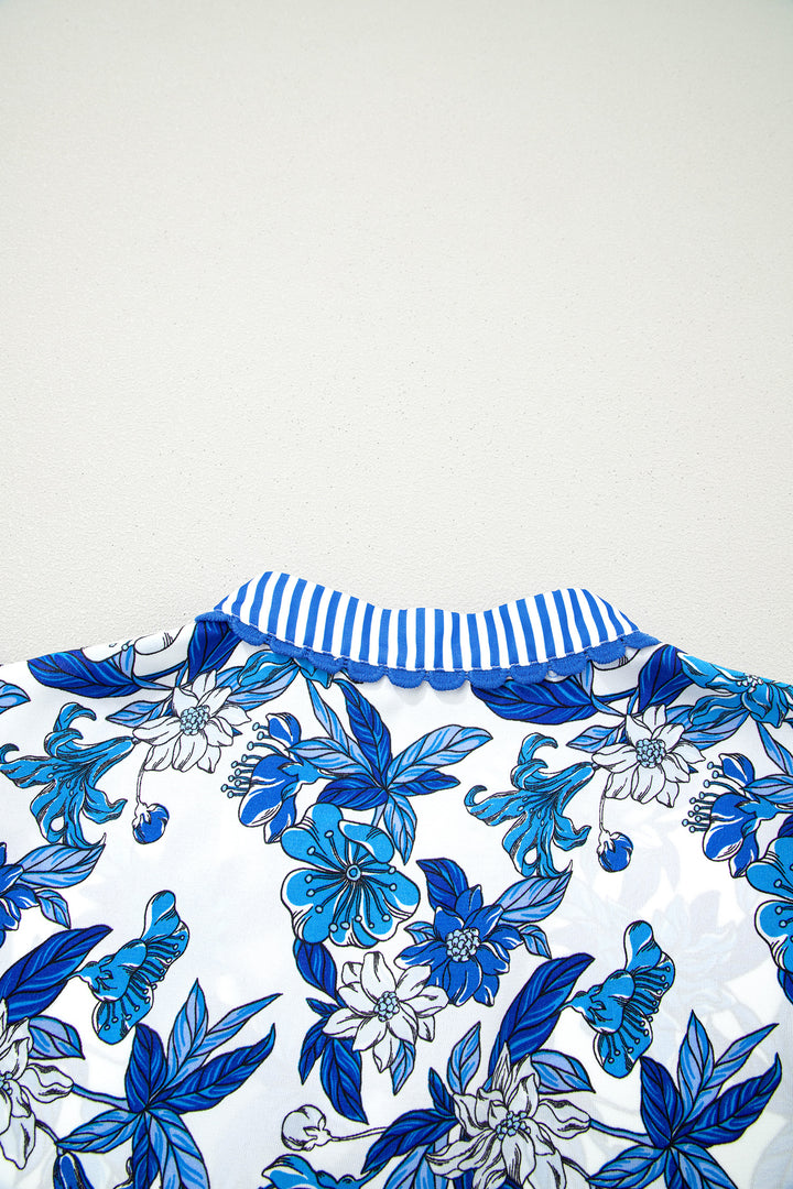Sky Blue Floral Print Striped Patchwork Long Flounce Sleeve Ricrac Trim V Neck Blouse