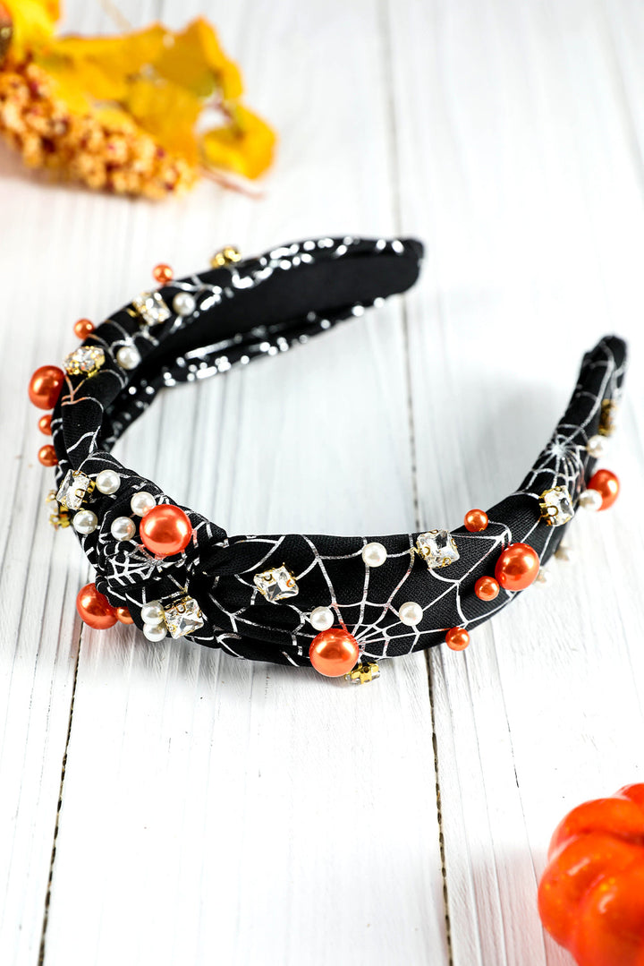 Pearled Rhinestone Knotted Spiderweb Halloween Headband