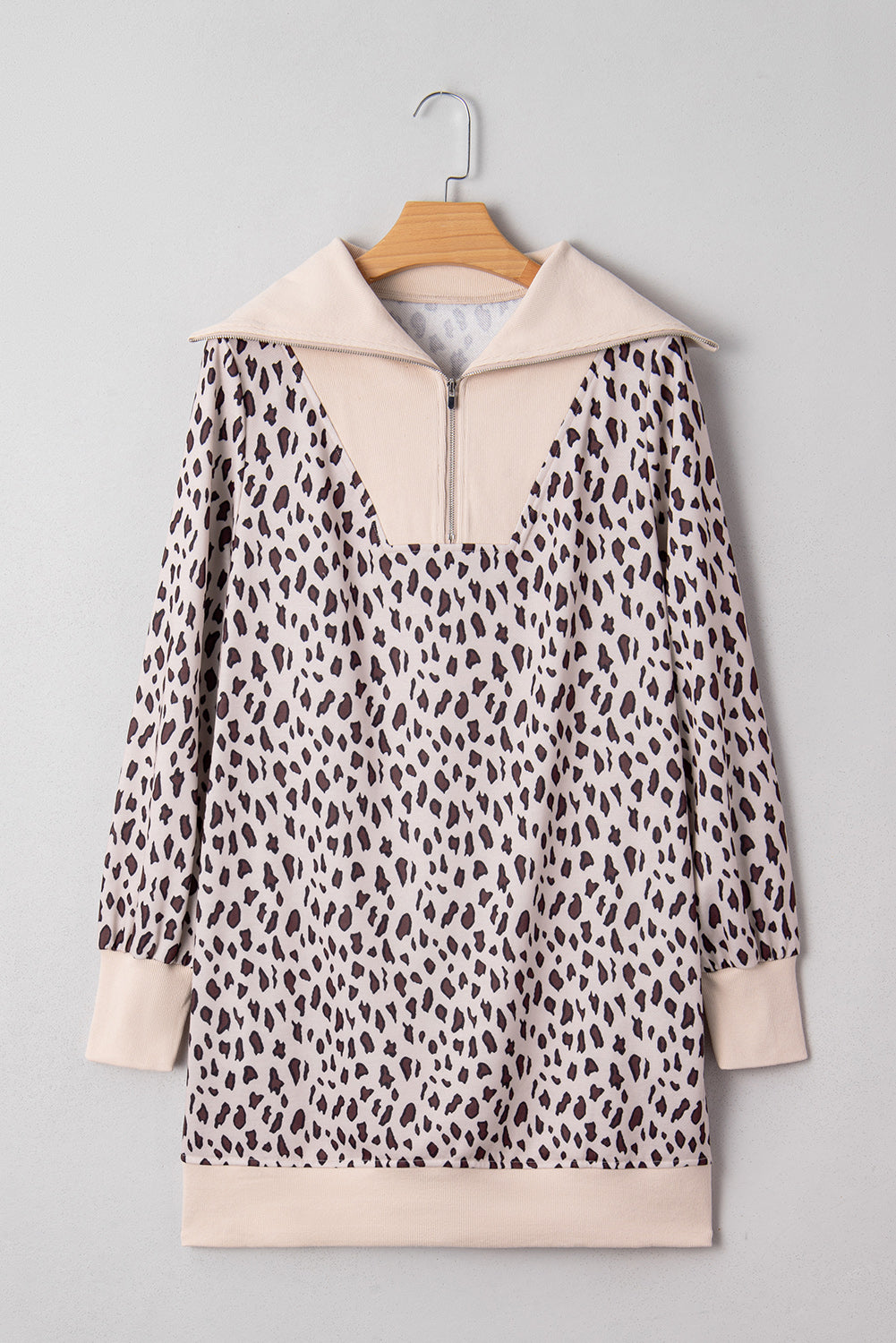 Leopard Print Zip up Collar Patchwork Shift Mini Dress