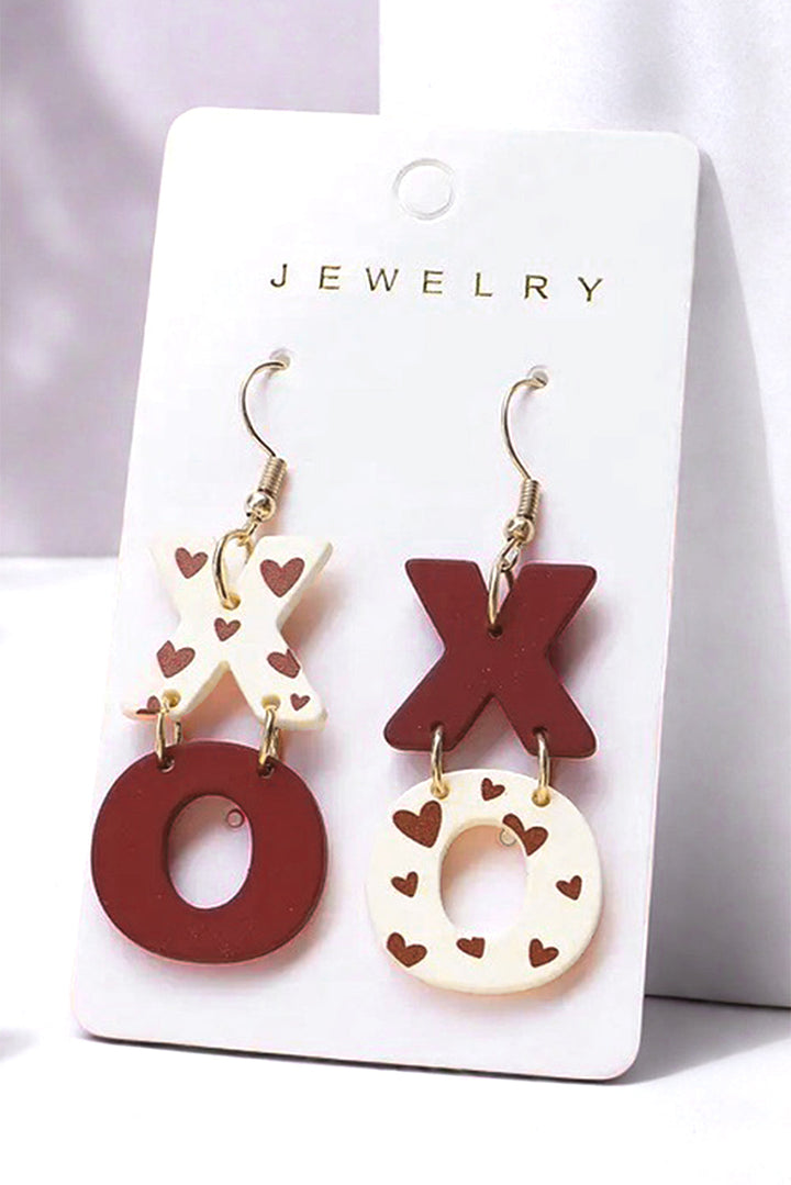 Boucles d'oreilles pendantes à crochet avec lettre XOXO imprimée en forme de cœur