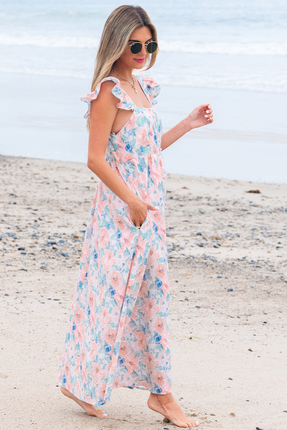 floral print square neck backless long dress with slit