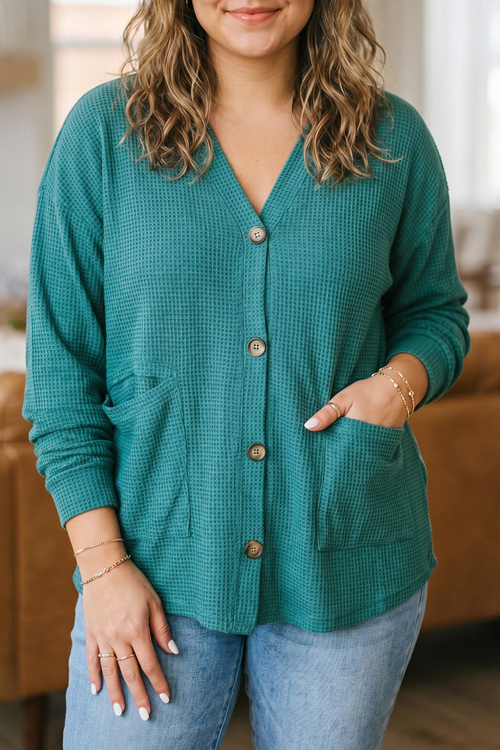 Lapis Waffle Textured Button Front Tunic Plus Size Cardigan
