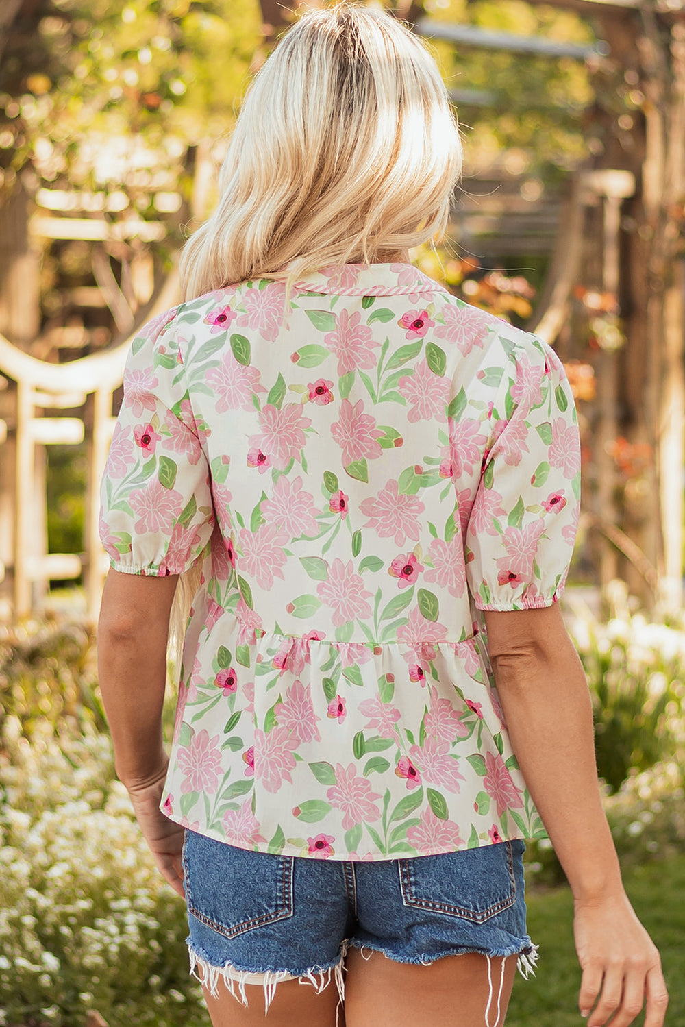 floral print drawstring v neck peplum blouse