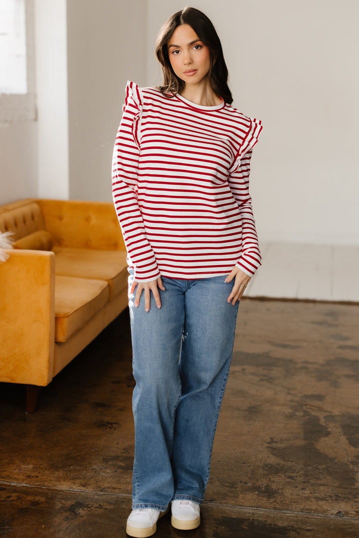Round Neck Ruffle Trim Long Sleeve Top