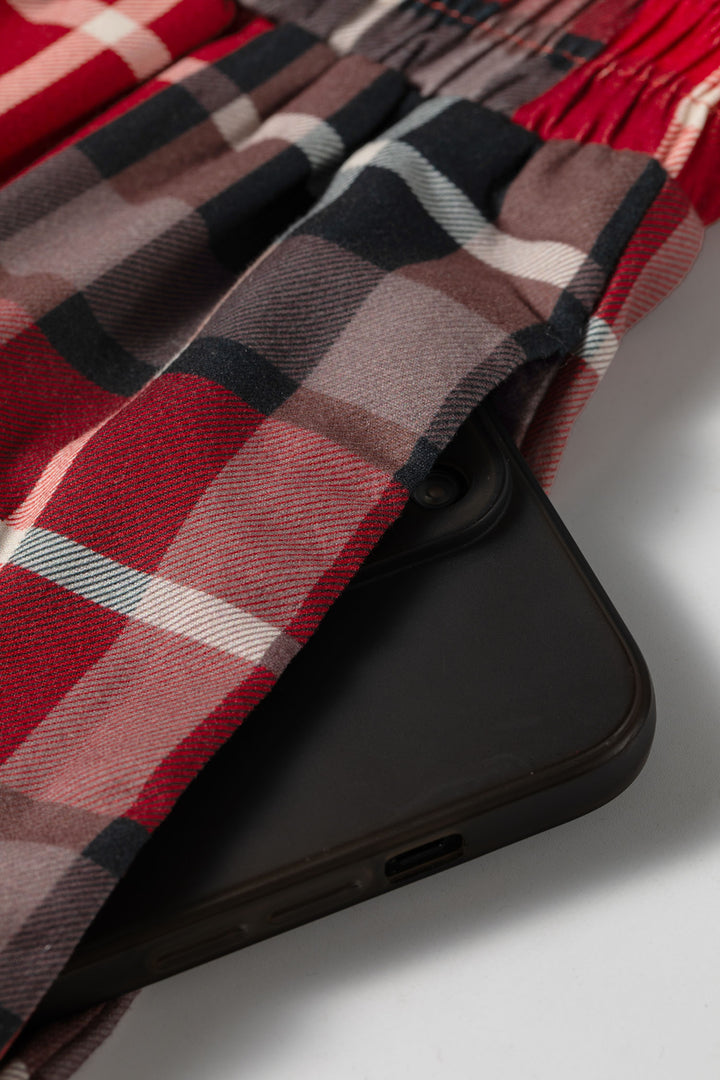 Red Plaid Elastic Waist Pocket Regular Full-Length Pants