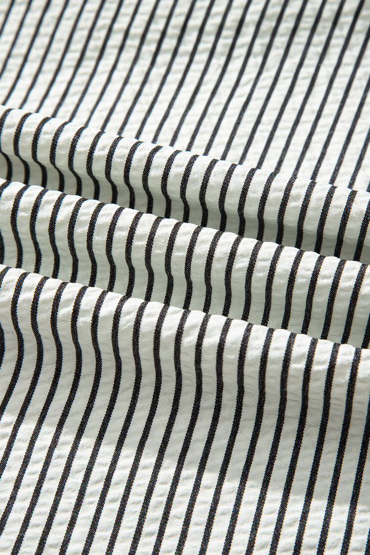 Black Stripe Frilled Detail Half Buttons Short Sleeve Long Dress