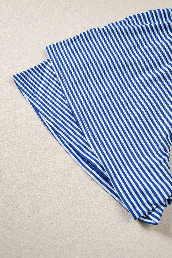 Blue Stripe Oversized Long Sleeve Top Drawstring Loose Shorts 2pcs Set