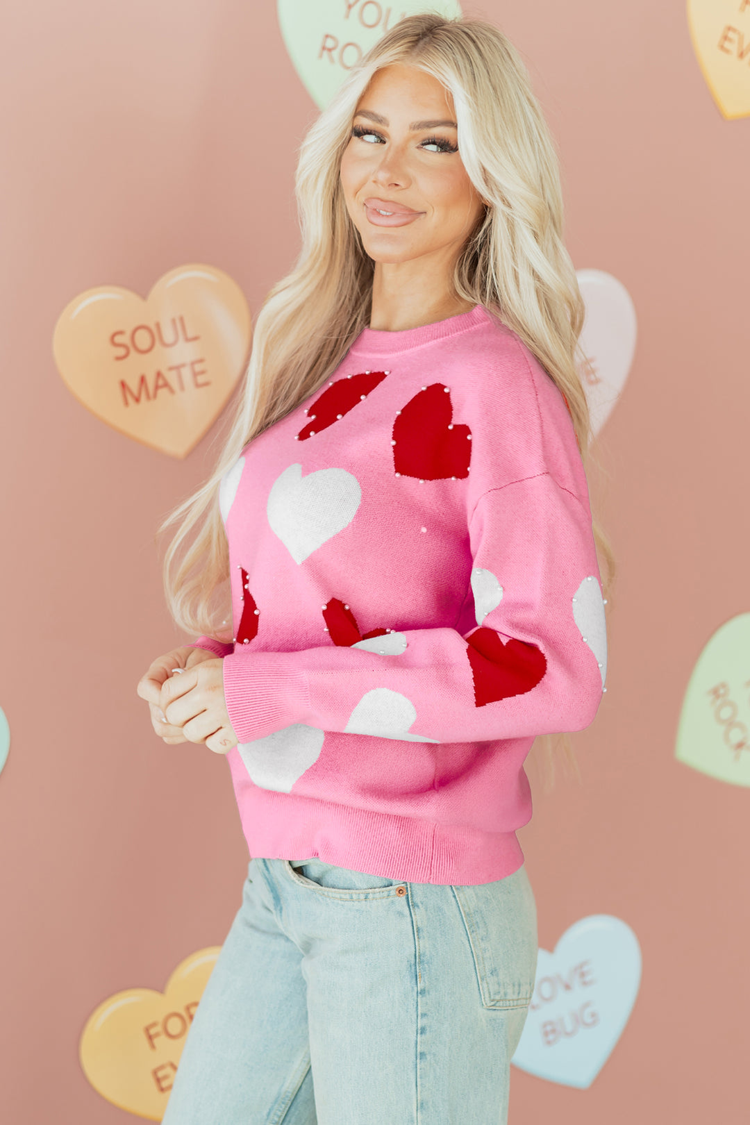 Pearl Embellished Heart Pattern Valentines Day Sweater