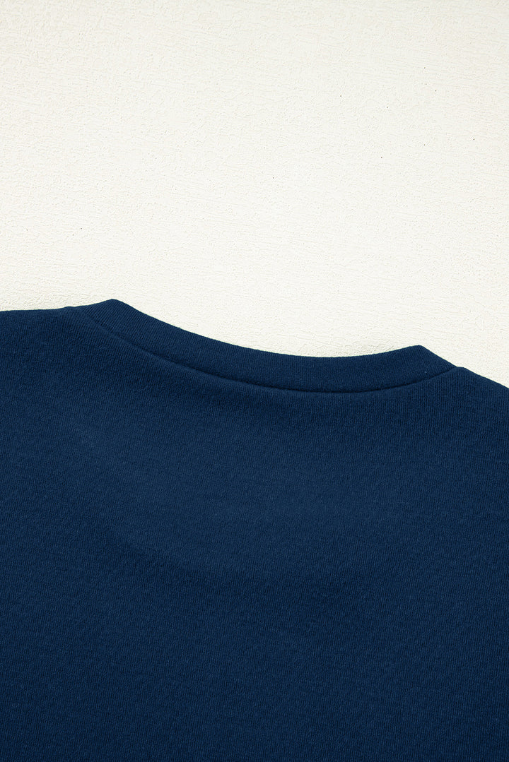 Navy Blue Solid Exposed Seam Crew Neck Long Sleeve Top