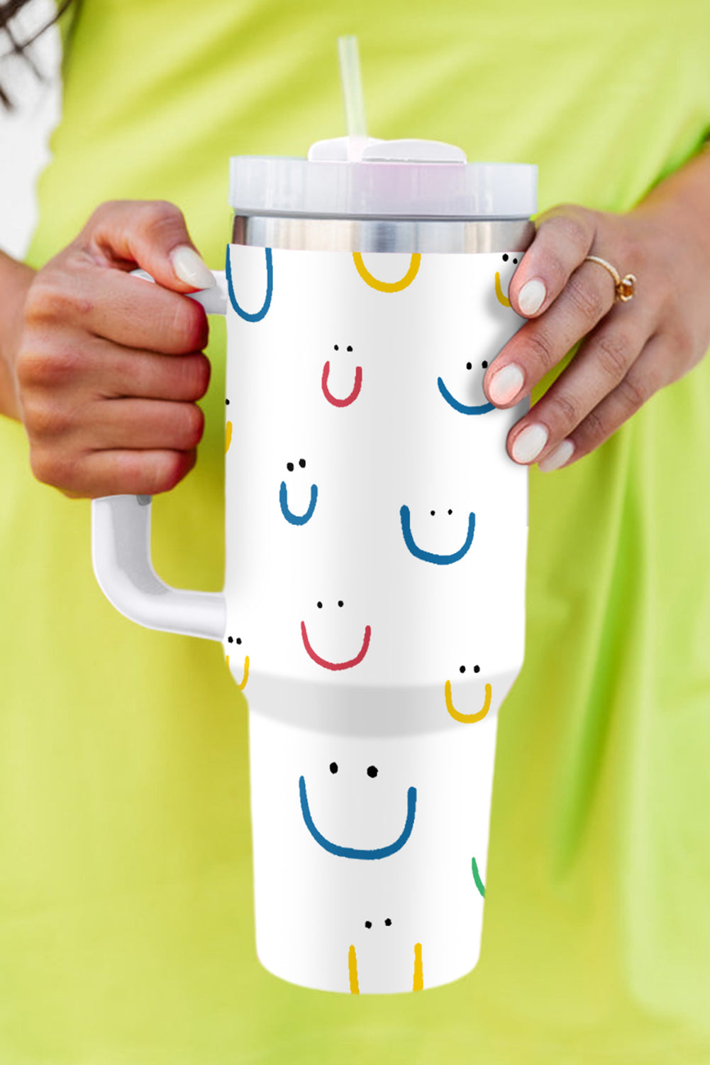 Tasse à vide avec poignée imprimée visage souriant 40 oz