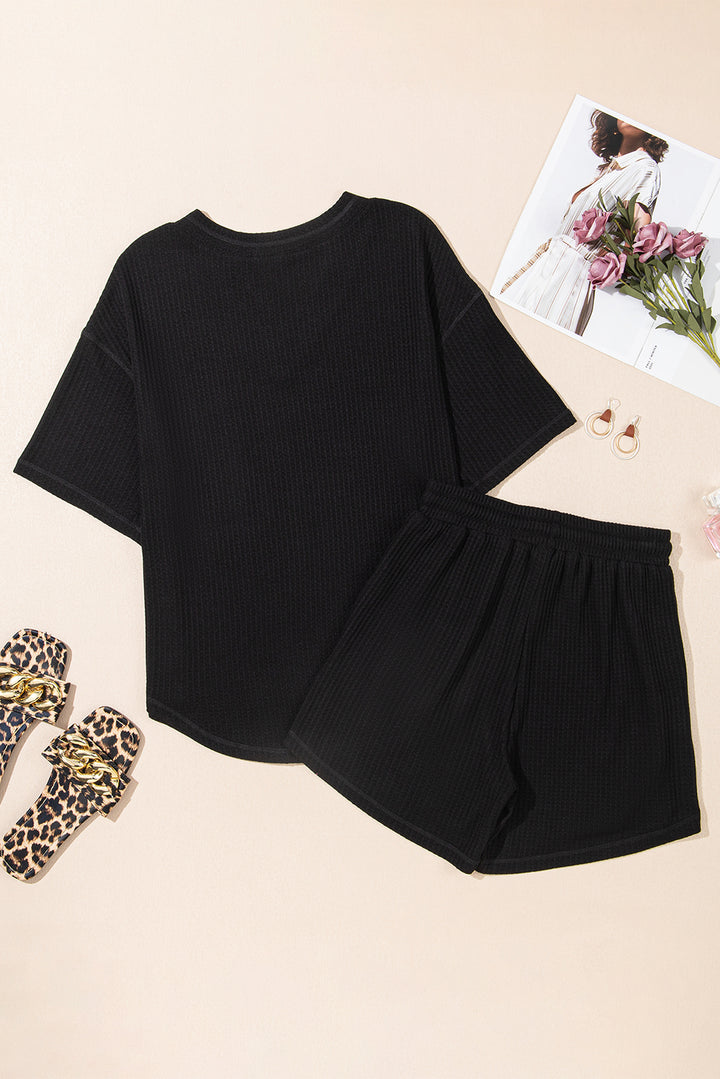 Black Solid Color Waffled V Neck Loose Tee Drawstring Shorts Set