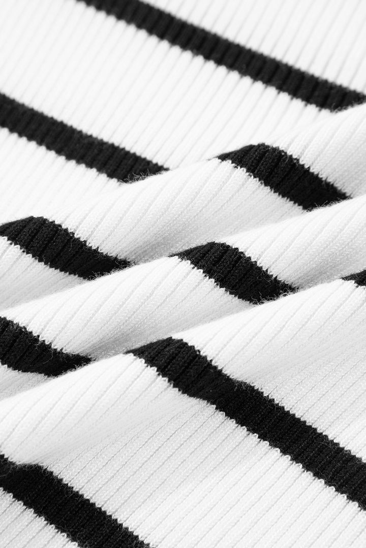 Scalloped Trim U Neck Striped Ribbed Slim Sweater