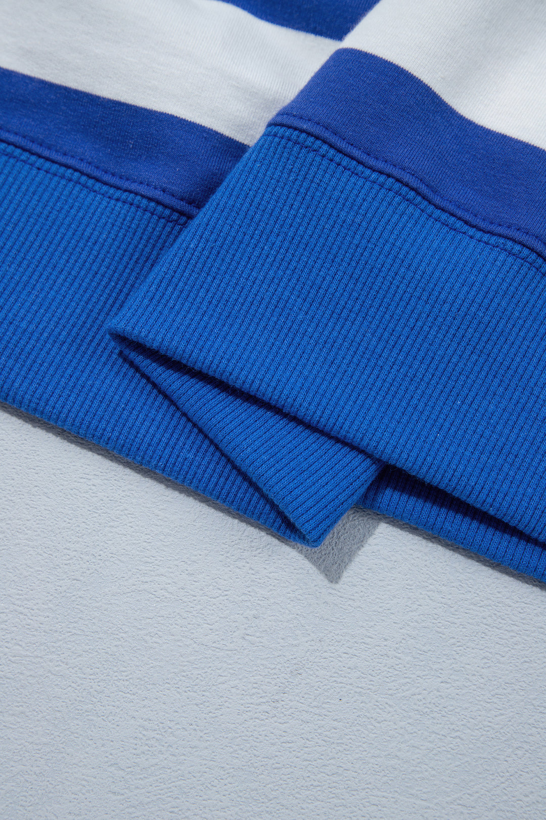 Blue Stripe Ribbed Trim Stand Neck Dropped Shoulder Plus Size Sweatshirt