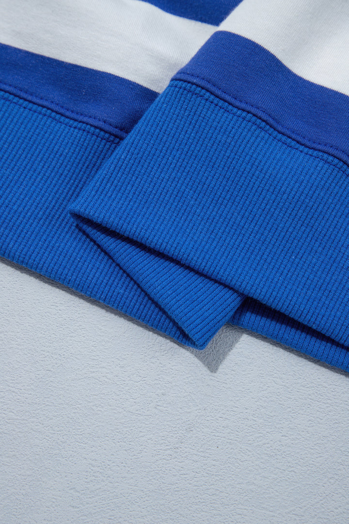 Blue Stripe Ribbed Trim Stand Neck Dropped Shoulder Plus Size Sweatshirt