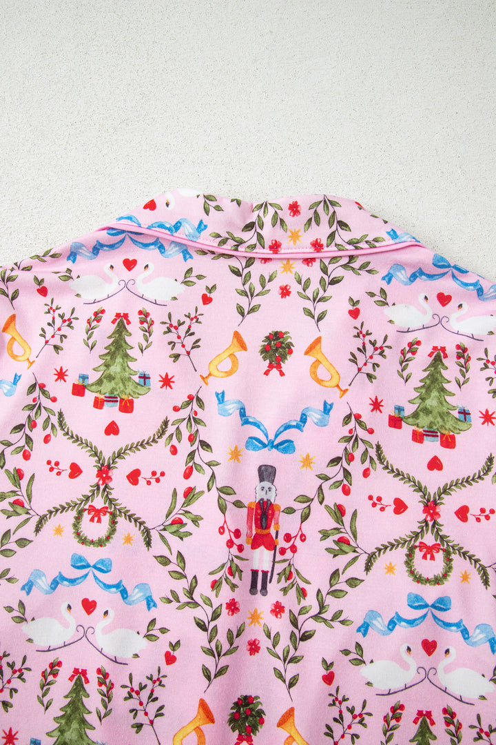 Pink Nutcracker Doll Christmas Print Ribbon Tie Waist Short 2pcs Pajama Set