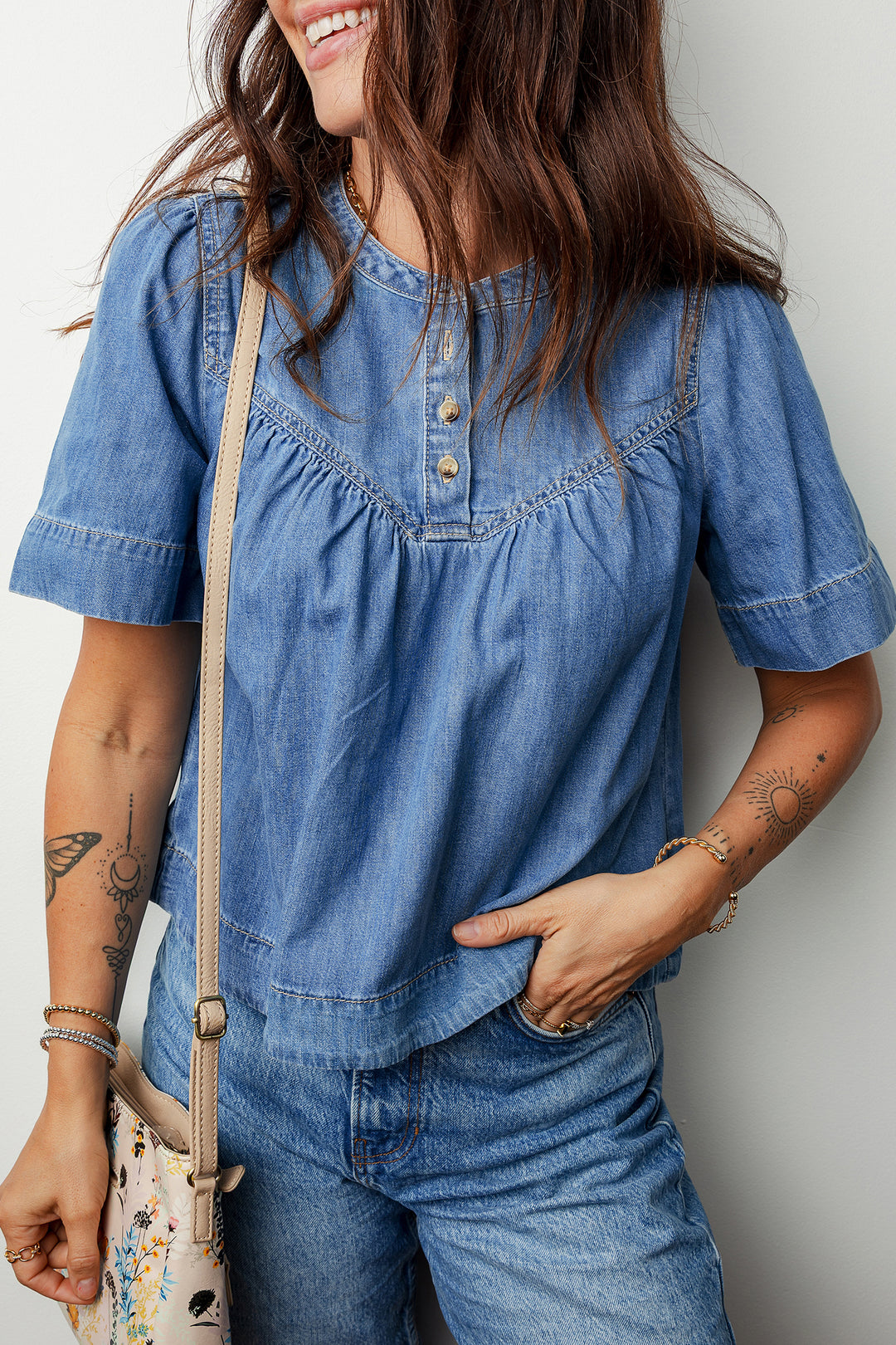 Seam Pleated Detail Half Button Short Sleeve Denim Top
