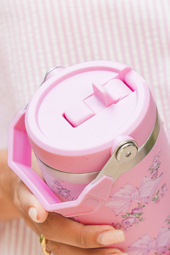 30OZ Trinkbecher mit Strohhalm und Schleife und Blumendruck