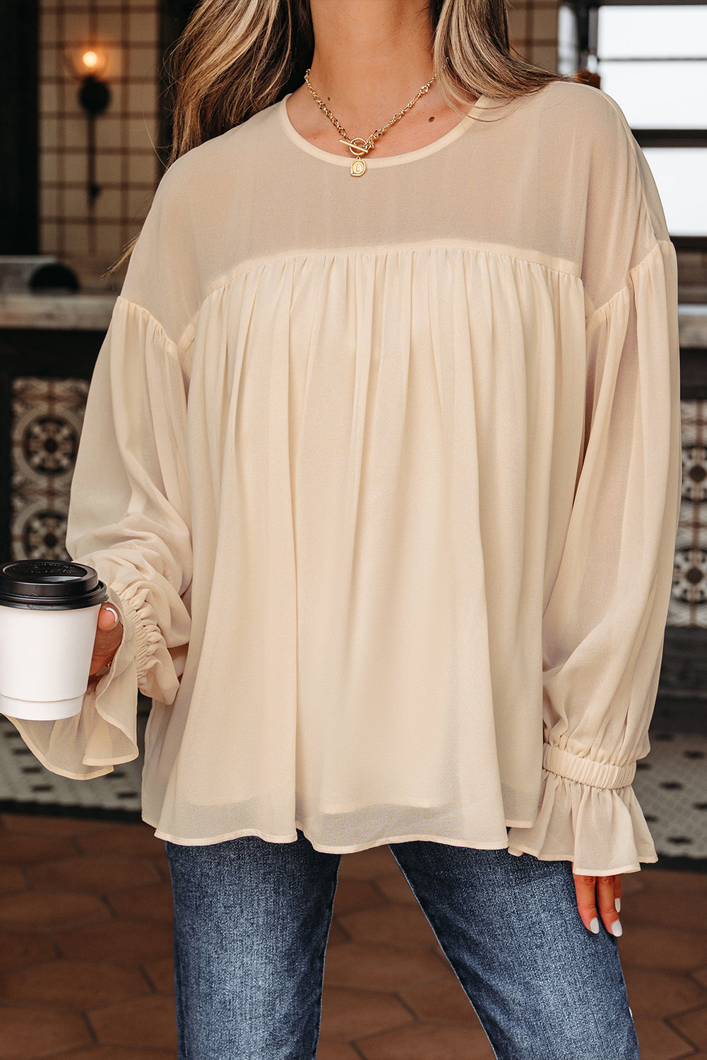 Pleated Ruffle Long Sleeve Chiffon Blouse