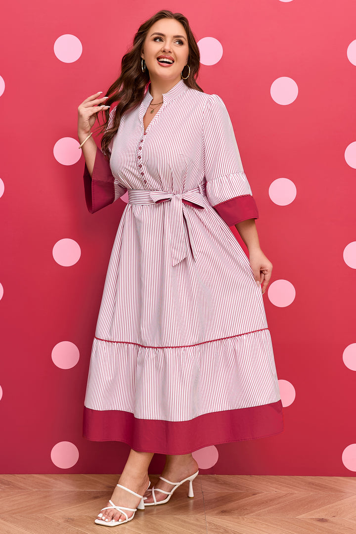Red Stripe Plus Size Ruffled Hem Pinstriped Midi Dress