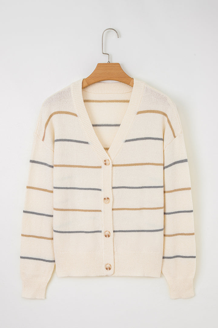 Multicolour Striped Buttoned Front V Neck Cardigan Sweater