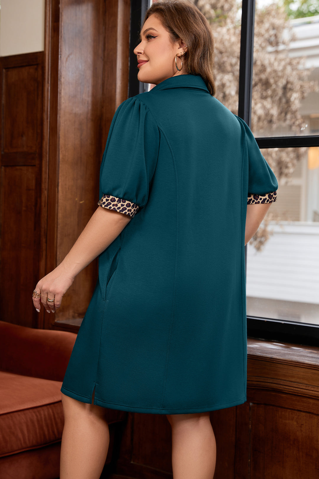 Sea Green Leopard Quarter Zip Collared Plus Size Mini Dress