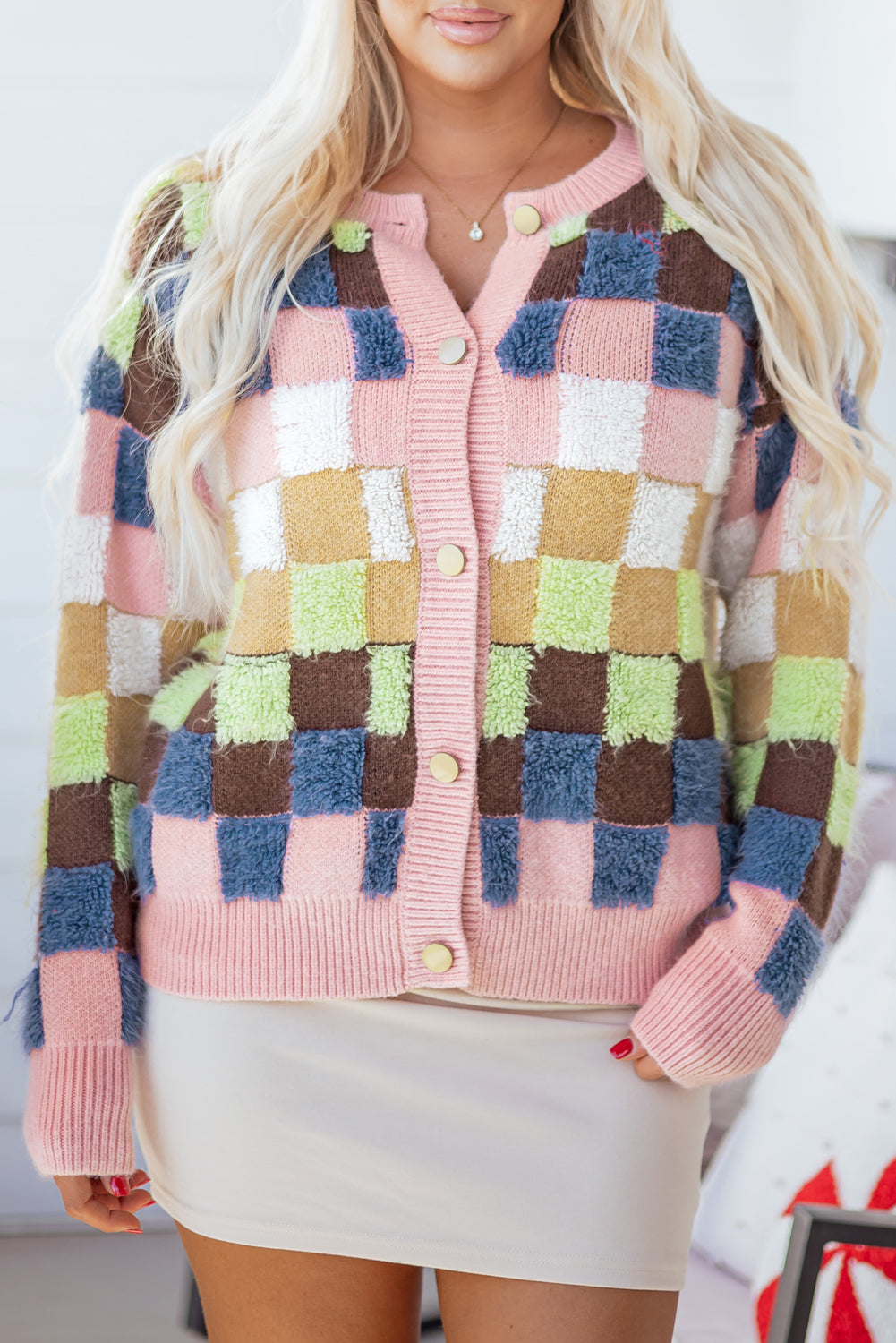 Plush Checkered Pattern Button Front Cardigan Sweater