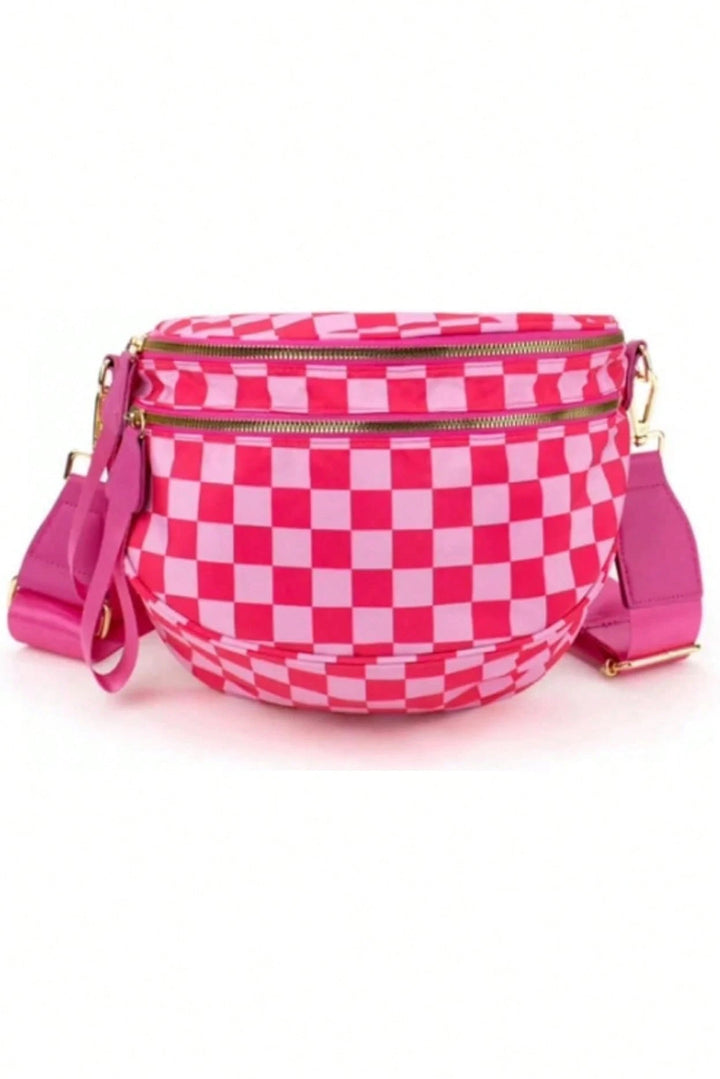 Checkered Print Wide Strap Large Crossbody Bag