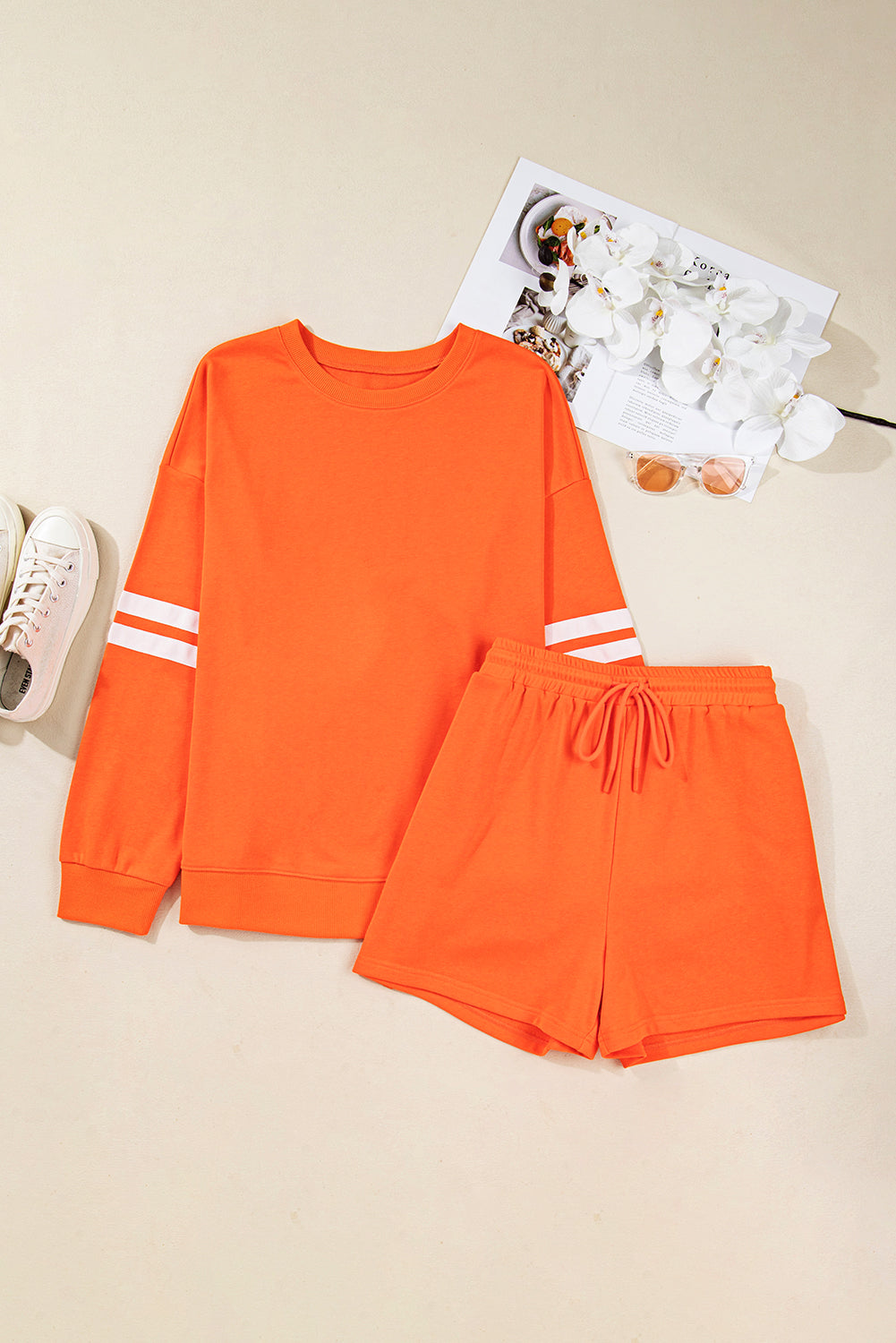 Orange Plus Size Varsity Striped Pullover Drawstring Elastic Waistband Short Set