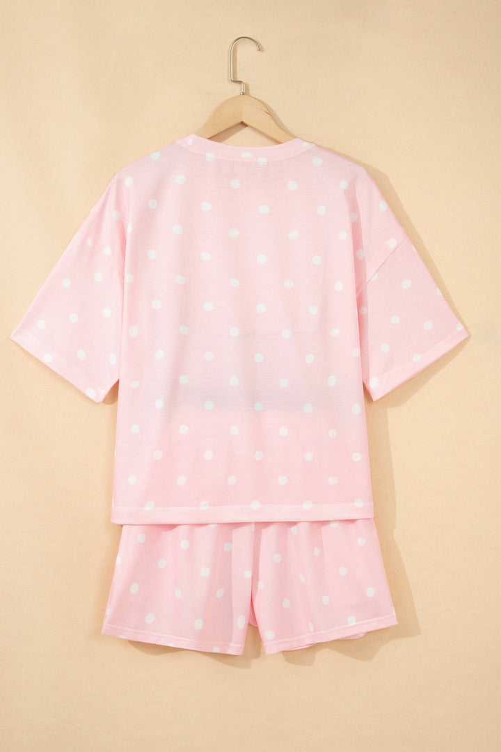 Pink Polka Dot Short Sleeve Loose Top Drawstring Shorts Set