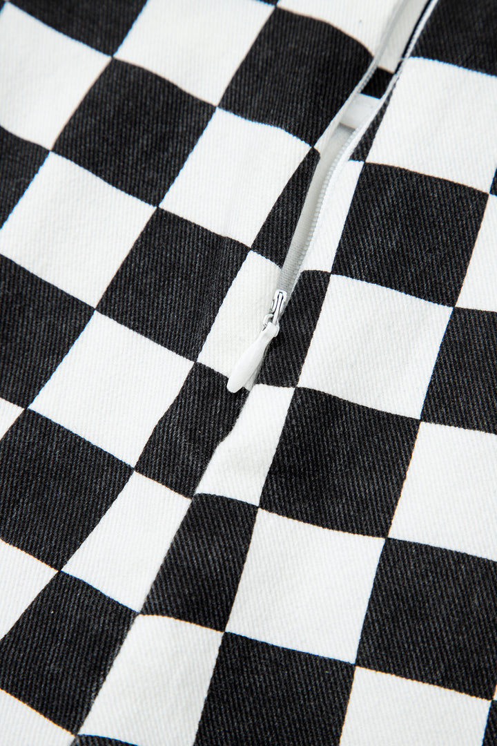 Black Checkered Print Overlap Denim Shorts