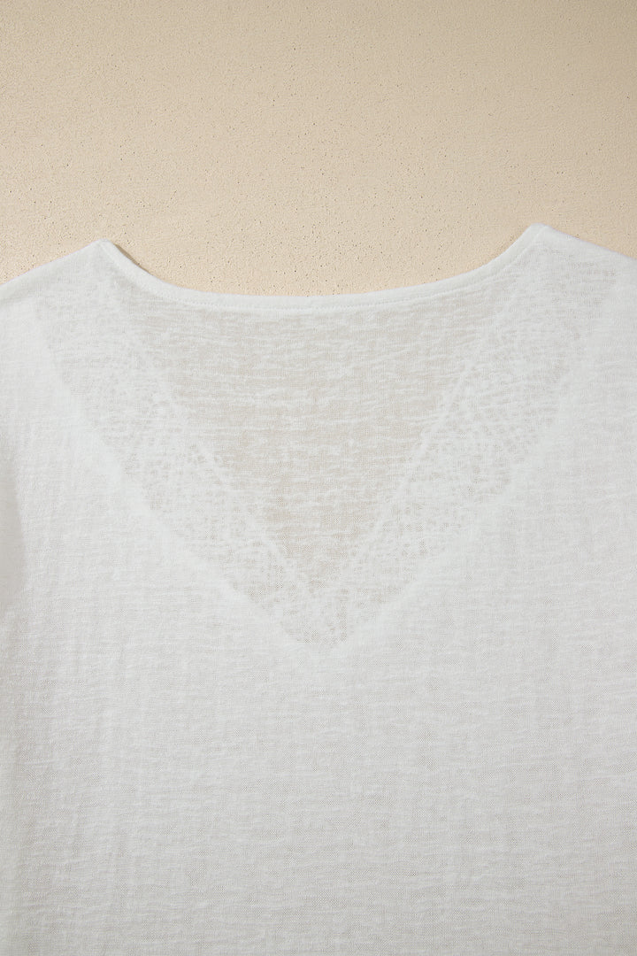 White Hollowed Lace Splicing V Neck T Shirt