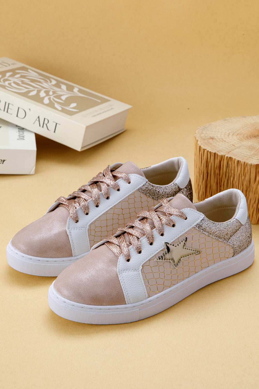 Schnür-Sneakers aus PU-Leder mit Glitzerstern-Patchwork 