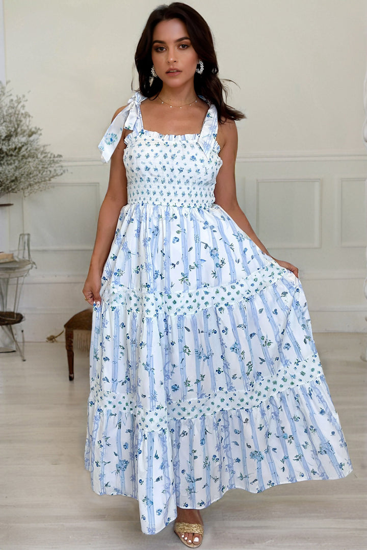 Floral Smocked Tied Straps A-Lined Tiered Maxi Dress