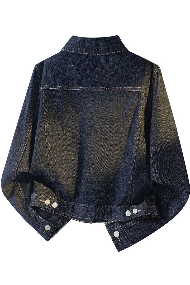Navy Blue Contrast Stitched Detail Pocketed Vintage Denim Jacket