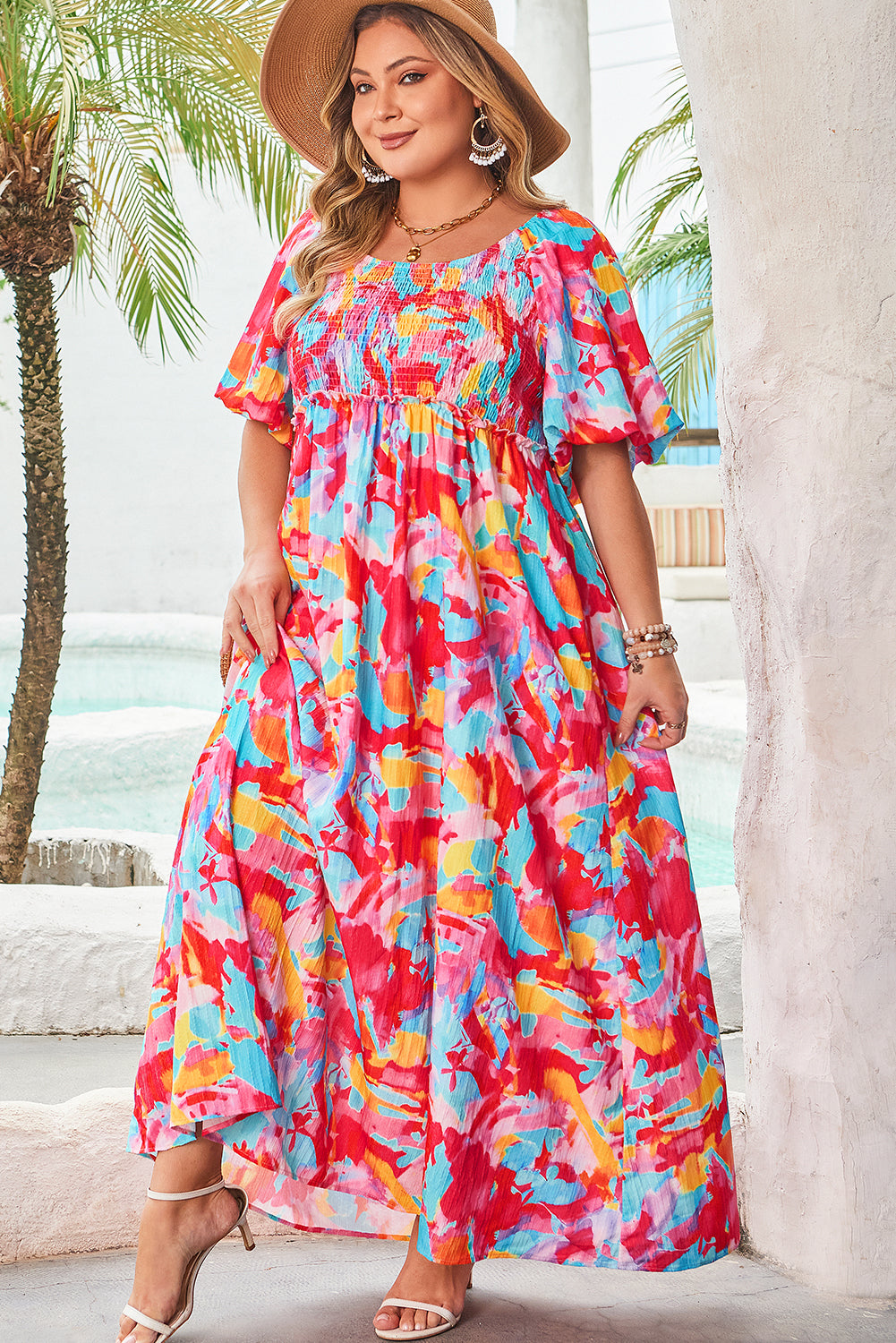 Rose Abstract Printed Square Neck Smocked Bust Tied Back Plus Size Dress