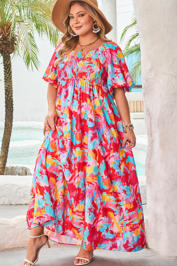 Rose Abstract Printed Square Neck Smocked Bust Tied Back Plus Size Dress