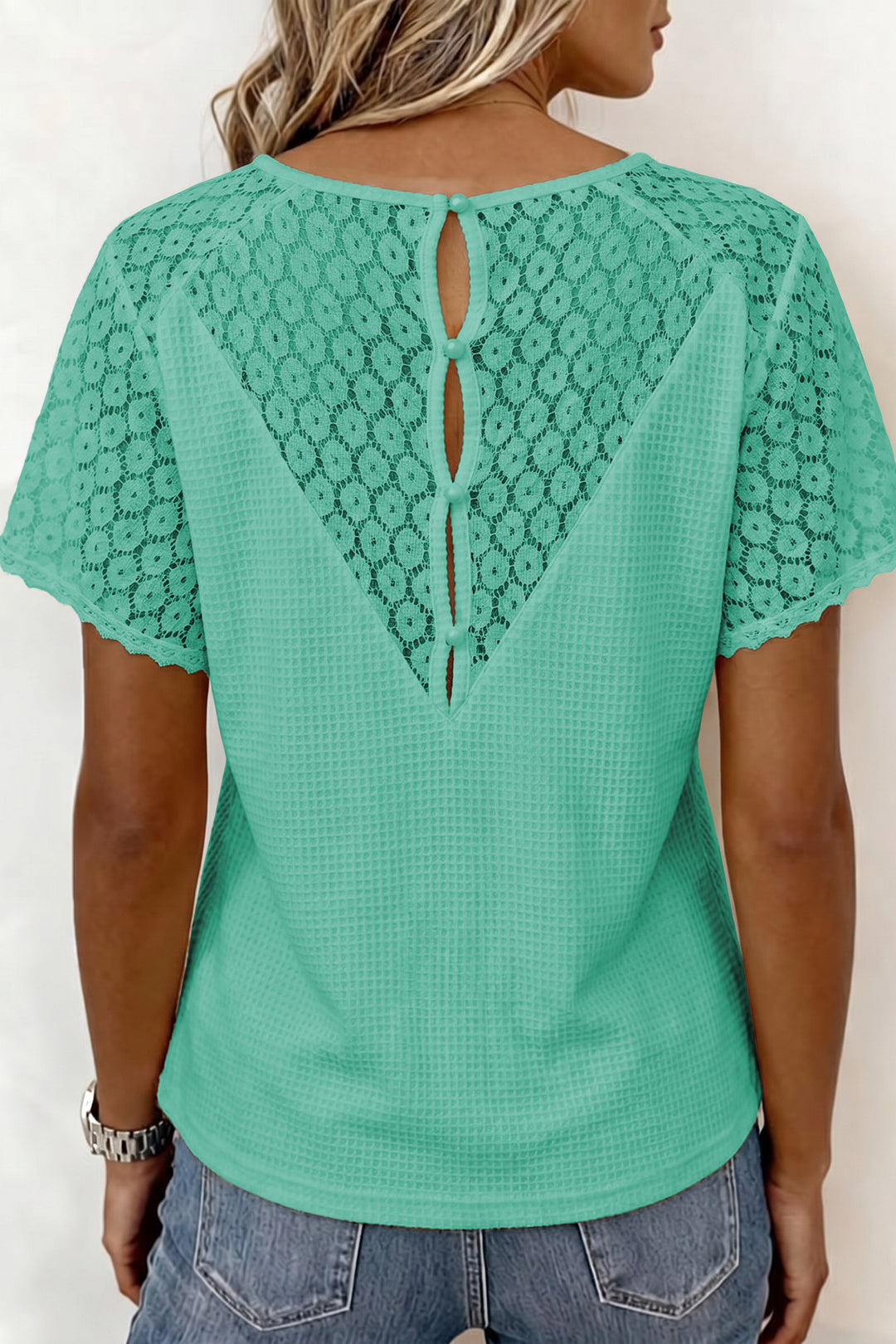 Mint Green Lace Splicing Button Cutout V Neck Waffle Knit Blouse