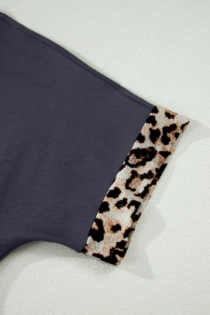Dark Grey Contrast Leopard Bow Patched Short Sleeve T Shirt Long Dress