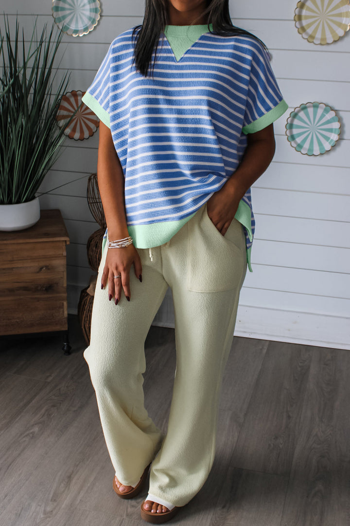 Casual Sky Blue Stripe Loose Short Sleeve Top