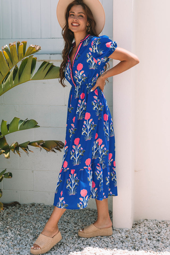 Blue Floral Puff Short Sleeve Maxi Dress