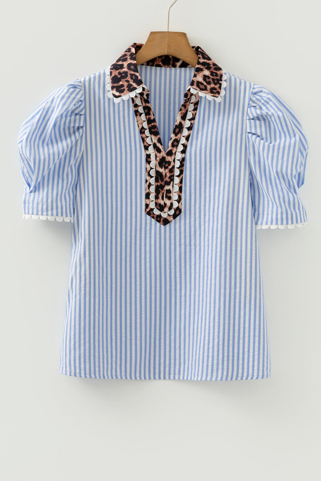 Ricrac Trim Short Puff Sleeve Leopard Patchwork Collar V Neck Blouse