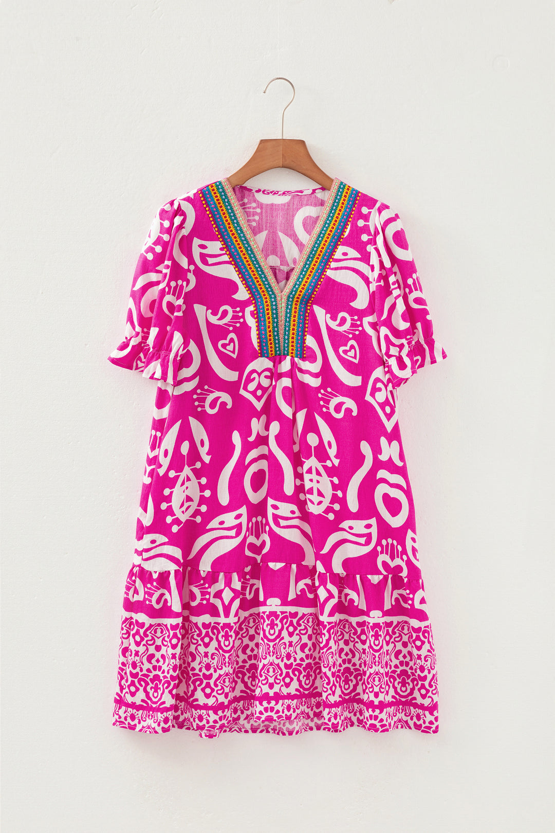 Boho Mixed Print Contrast Trim V Neck Short Sleeve Flared Dress