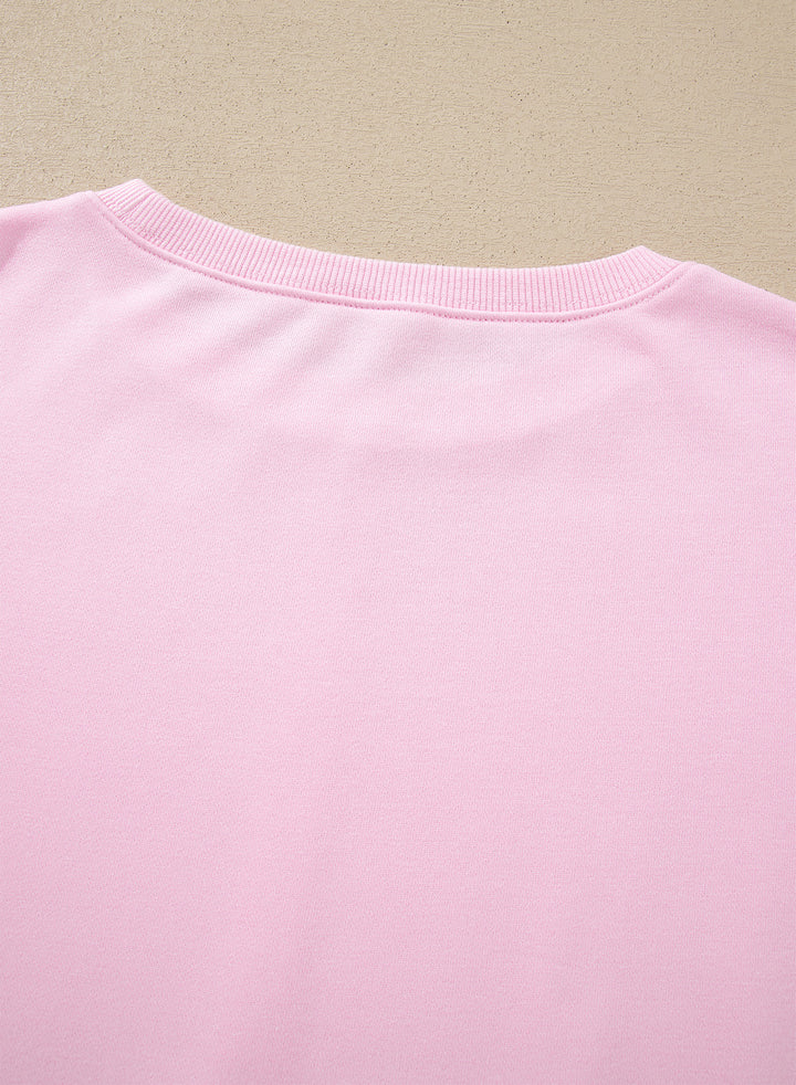 Pink Solid Color Raw Seam Lace Detail Loose Casual Sweatshirt