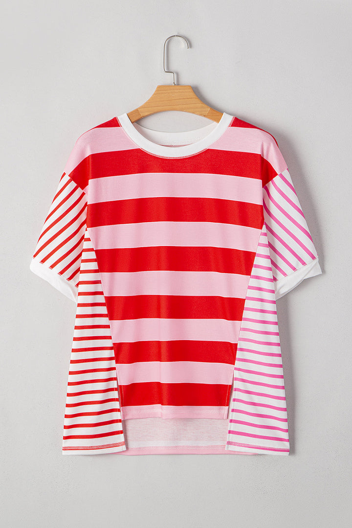 Patchwork Round Neck Side Split Loose T Shirt