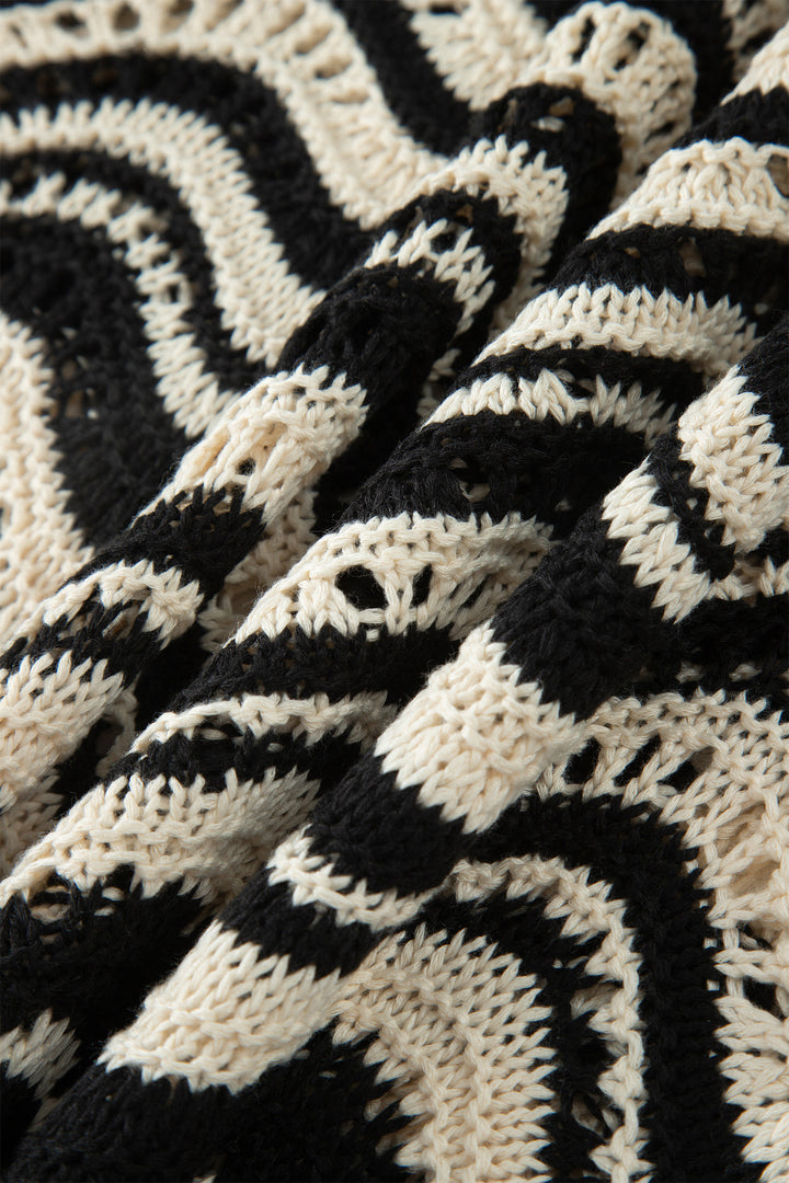Black Stripe Wavy Crochet Eyelet Detail Ruffle Half Sleeve Sweater