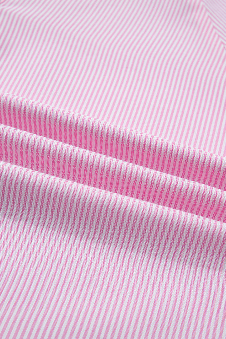 Pink Striped Print Collared Split Neck Half Sleeve Blouse